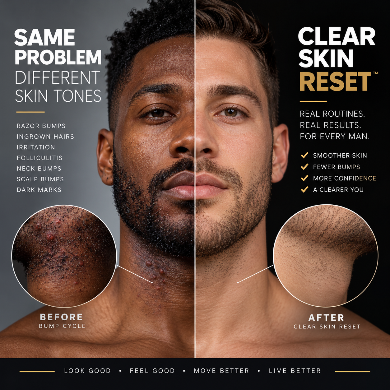 Clear Skin Reset for Men: same razor bump and ingrown hair concerns across different skin tones, before and after a consistent routine
