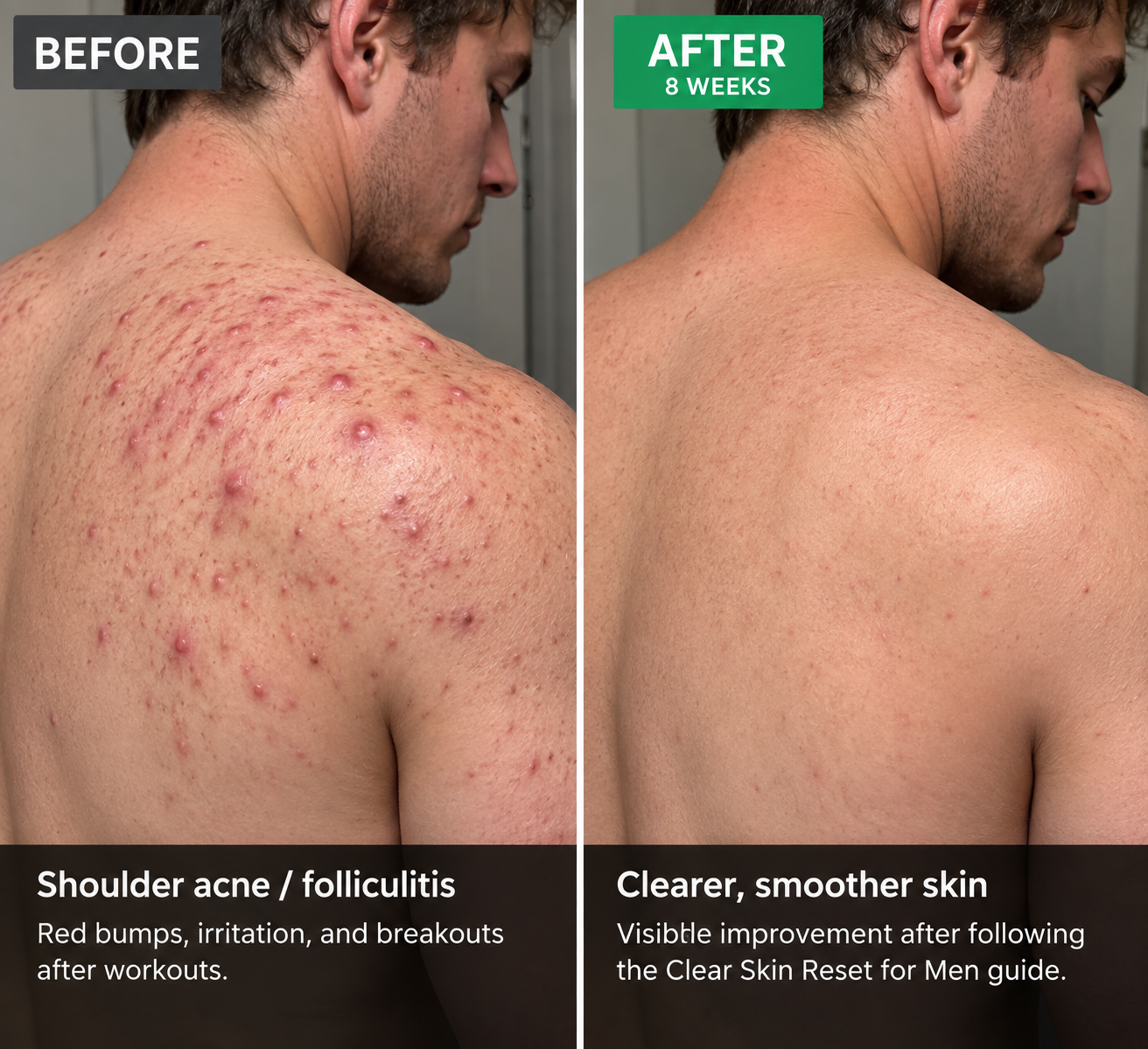 Before and after eight weeks: red bumps across the shoulder, then clearer, smoother skin